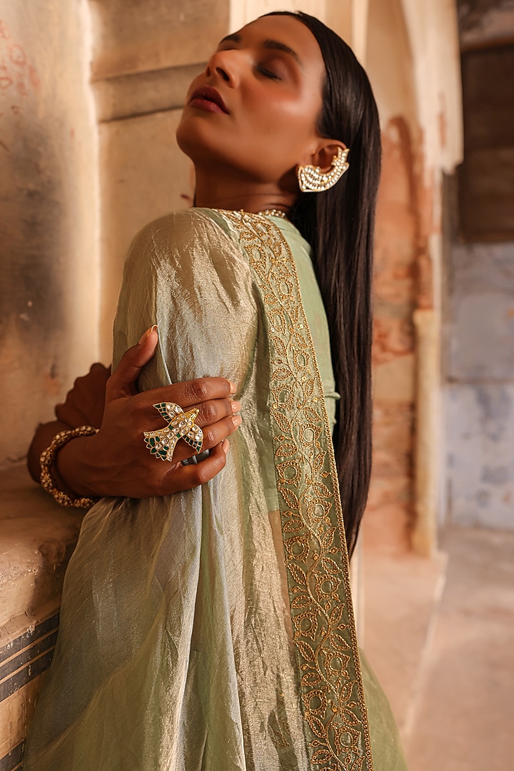 Sage Green Tissue Dori Work Wedding Saree Set by Charu Makkar at Pernia's Pop Up Shop