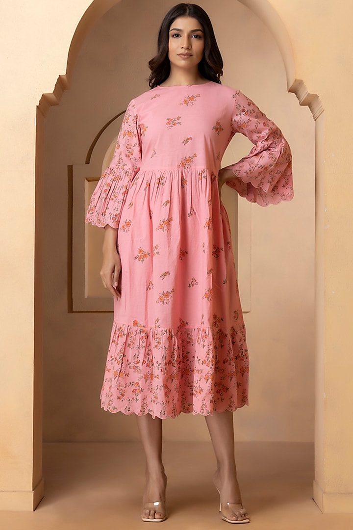 Coral Pink Cotton Tiered Dress by Charu Makkar
