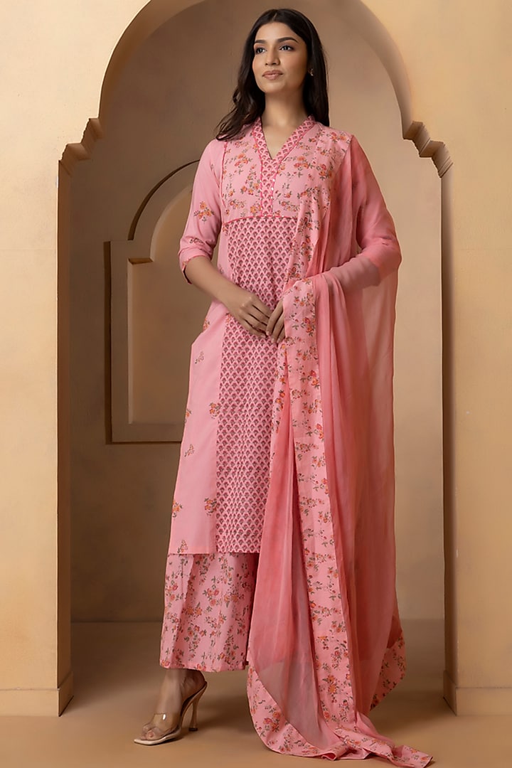 Coral Pink Cotton Printed Sharara Set by Charu Makkar