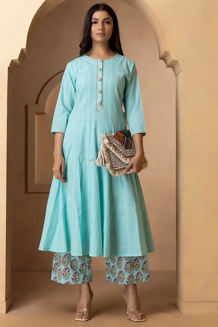 Turquoise Cotton Embroidered Anarkali Set by Charu Makkar