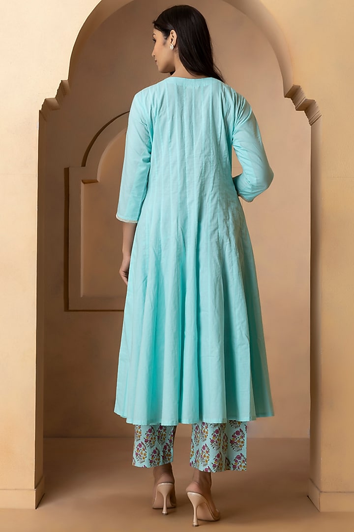 Turquoise Cotton Embroidered Anarkali Set by Charu Makkar at Pernia's Pop Up Shop