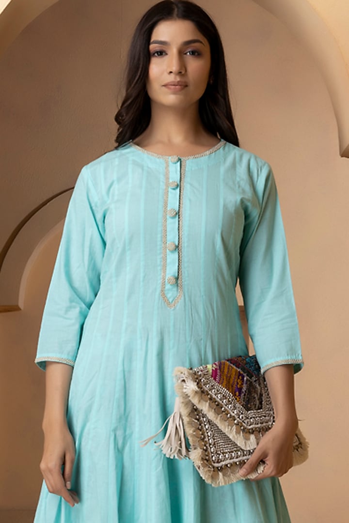 Turquoise Cotton Embroidered Anarkali Set by Charu Makkar at Pernia's Pop Up Shop