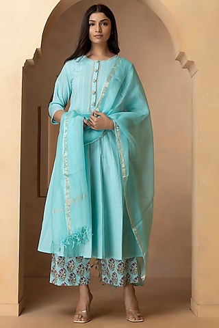 Turquoise Cotton Embroidered Anarkali Set With Dupatta by Charu Makkar