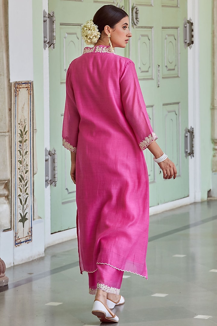 Fuchsia Cotton Chanderi Embroidered Kurta Set by Charu Makkar at Pernia's Pop Up Shop