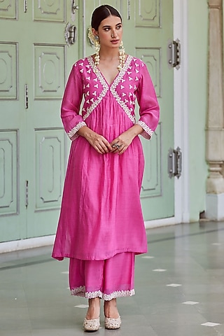 Fuchsia Cotton Chanderi Embroidered Kurta Set by Charu Makkar