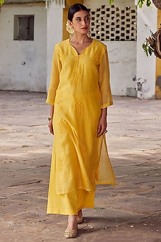 Mustard Yellow Cotton Chanderi Embroidered Kurta Set by Charu Makkar
