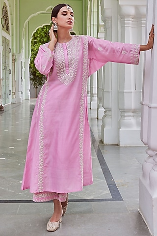 Light Pink Chanderi Silk Embroidered Kalidar Kurta Set by Charu Makkar