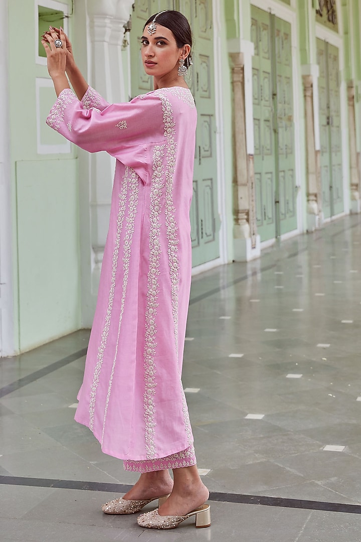 Light Pink Chanderi Silk Embroidered Kalidar Kurta Set by Charu Makkar at Pernia's Pop Up Shop