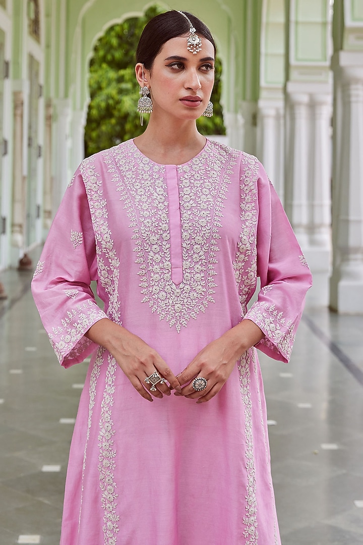 Light Pink Chanderi Silk Embroidered Kalidar Kurta Set by Charu Makkar at Pernia's Pop Up Shop