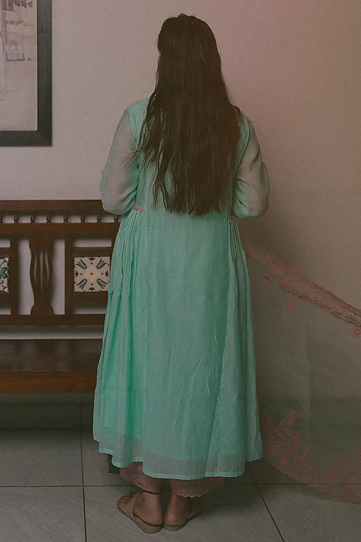 Blue Cotton Chanderi Embroidered Gathered Kurta Set by Charu Makkar at Pernia's Pop Up Shop