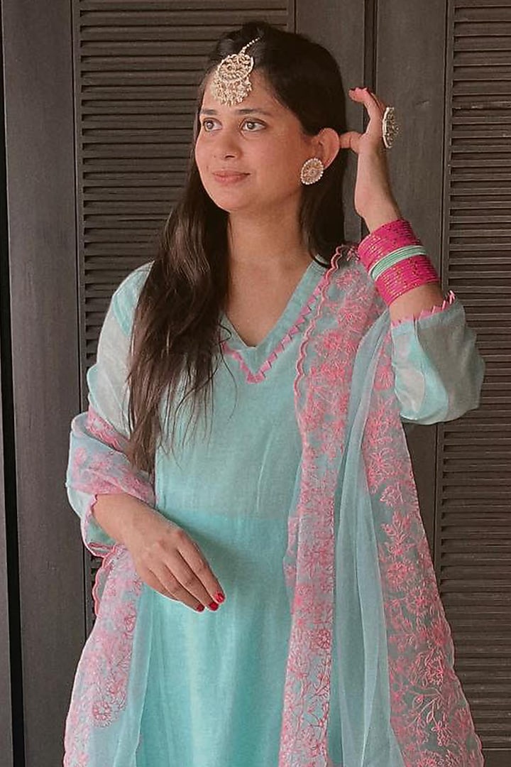 Blue Cotton Chanderi Embroidered Gathered Kurta Set by Charu Makkar at Pernia's Pop Up Shop