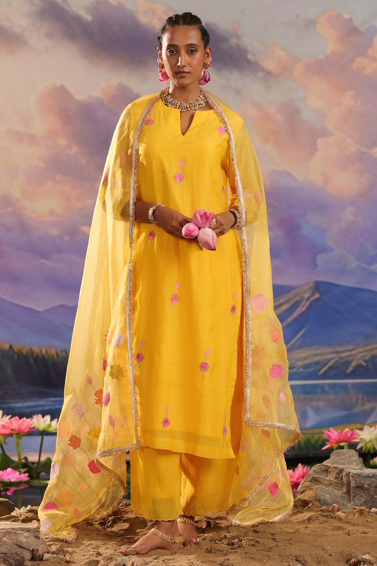 Yellow Mul Chanderi Kurta Set by Charu Makkar at Pernia's Pop Up Shop