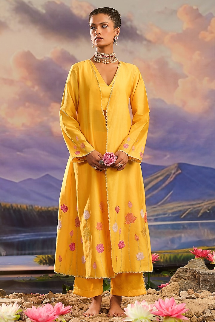 Yellow Silk Chanderi Jacket Set by Charu Makkar at Pernia's Pop Up Shop