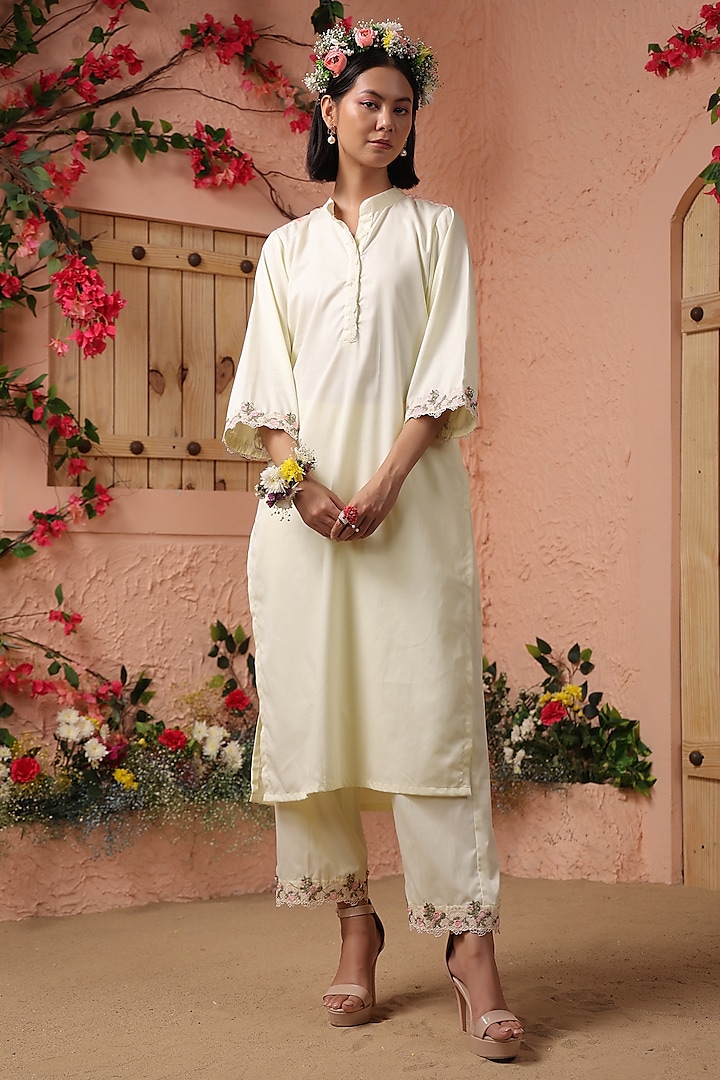 Lemon Yellow Mercerized Cotton Kurta Set by Charu Makkar at Pernia's Pop Up Shop