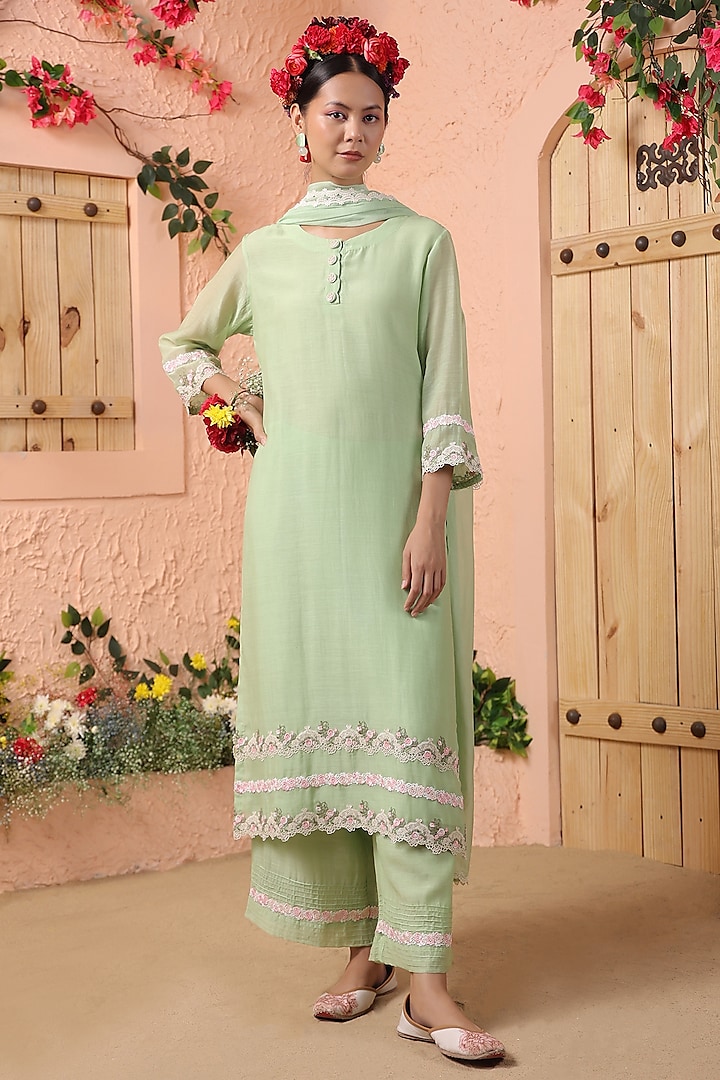 Pista Green Mul Chanderi Kurta Set by Charu Makkar