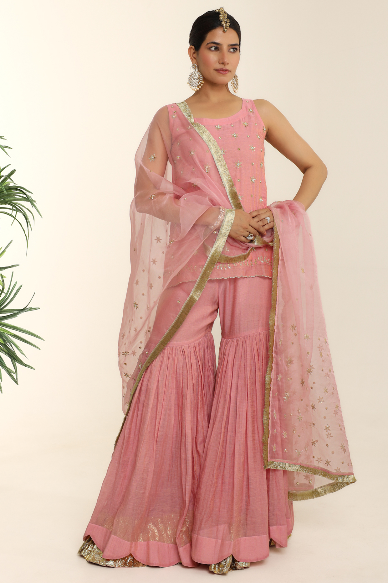 Rose Pink Mul Chanderi Gharara Set by Charu Makkar at Pernia's Pop Up Shop