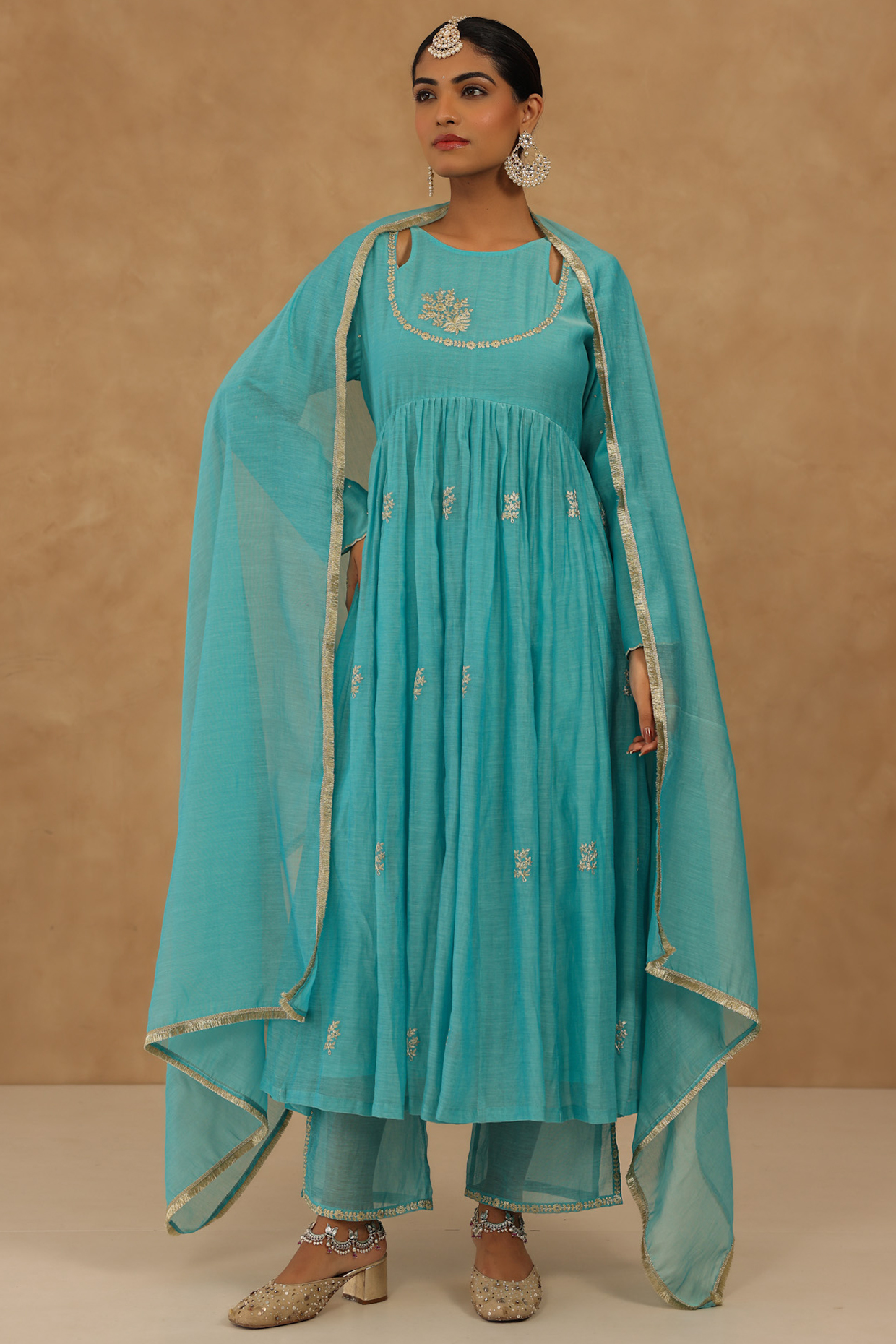 Teal Mul Chanderi Machine Embroidered Gathered Kurta Set by Charu Makkar at Pernia's Pop Up Shop