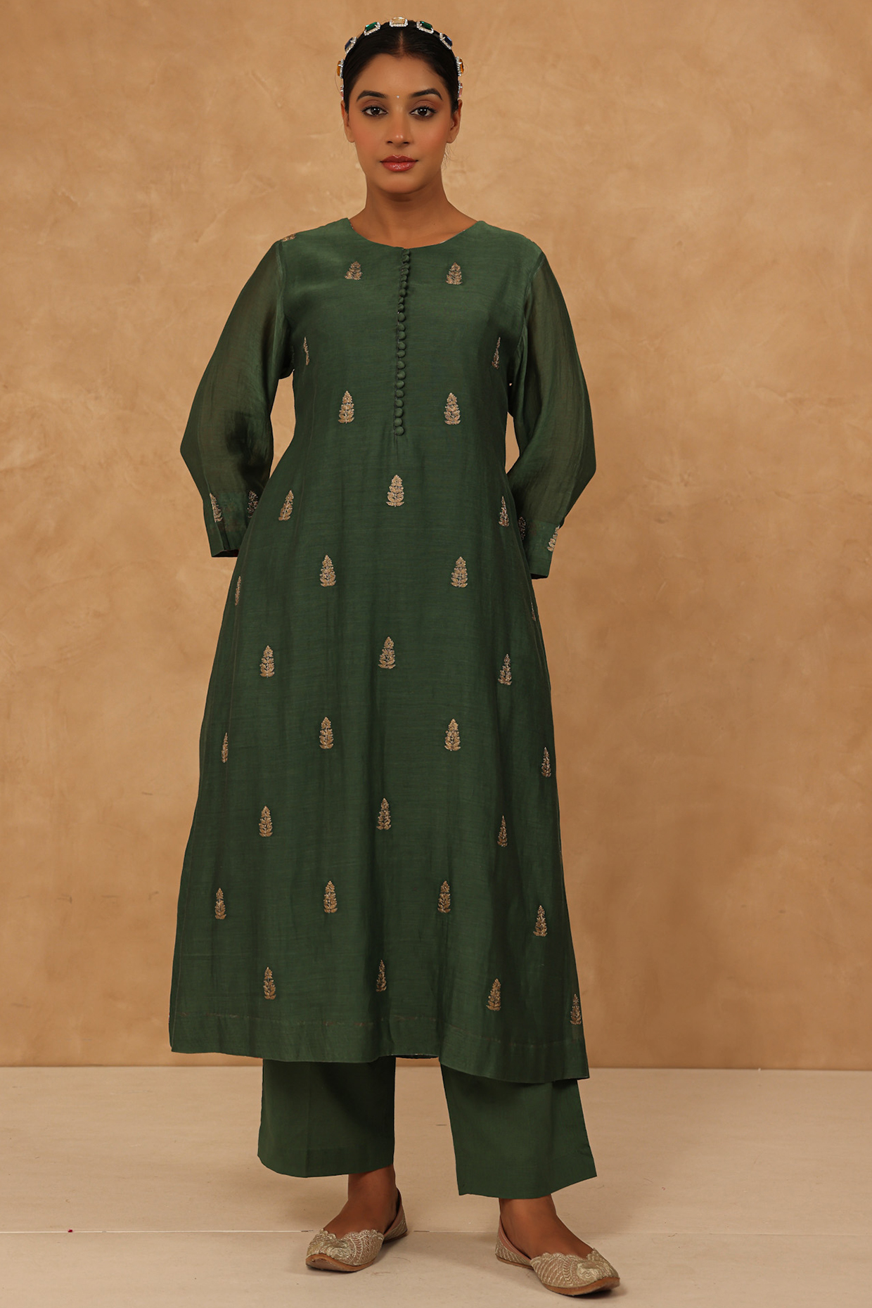 Olive Green Mul Chanderi Machine Embroidered A-Line Kurta Set by Charu Makkar at Pernia's Pop Up Shop