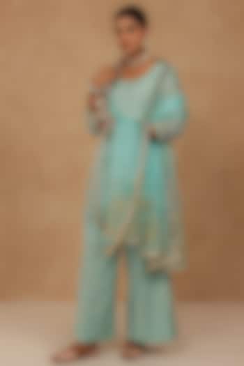 Light Blue Tissue Chanderi Hand Embroidered Short Kurta Set by Charu Makkar at Pernia's Pop Up Shop