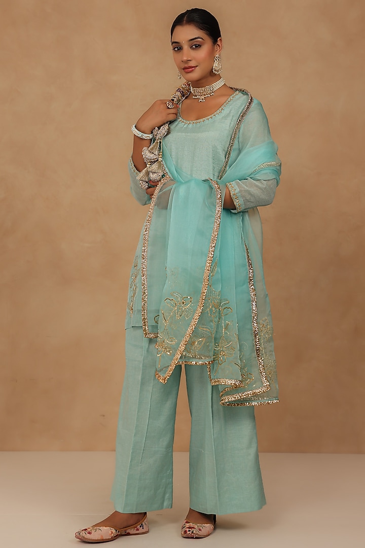 Light Blue Tissue Chanderi Hand Embroidered Short Kurta Set by Charu Makkar at Pernia's Pop Up Shop