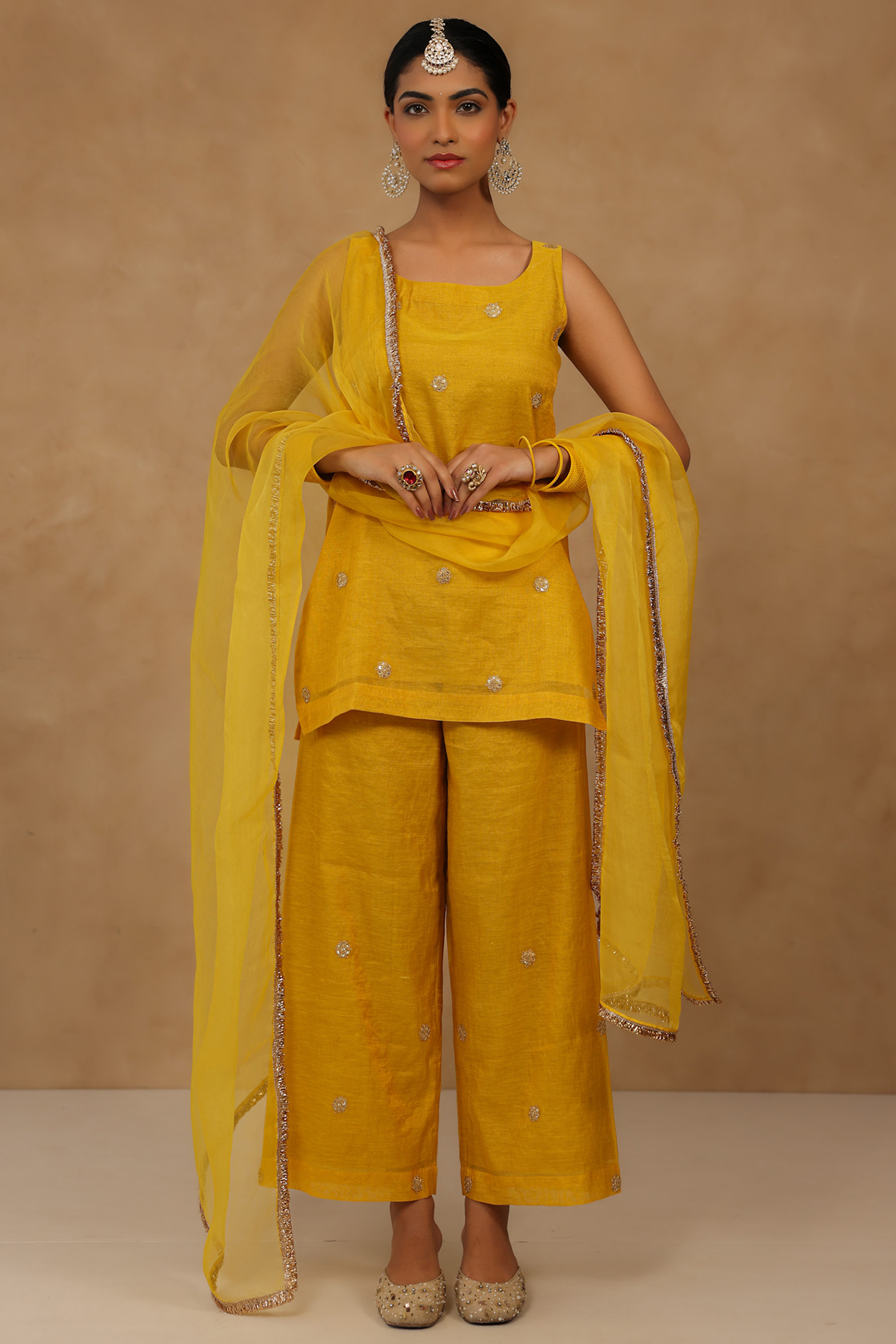 Mustard Tissue Chanderi Hand Embroidered Short Kurta Set by Charu Makkar at Pernia's Pop Up Shop