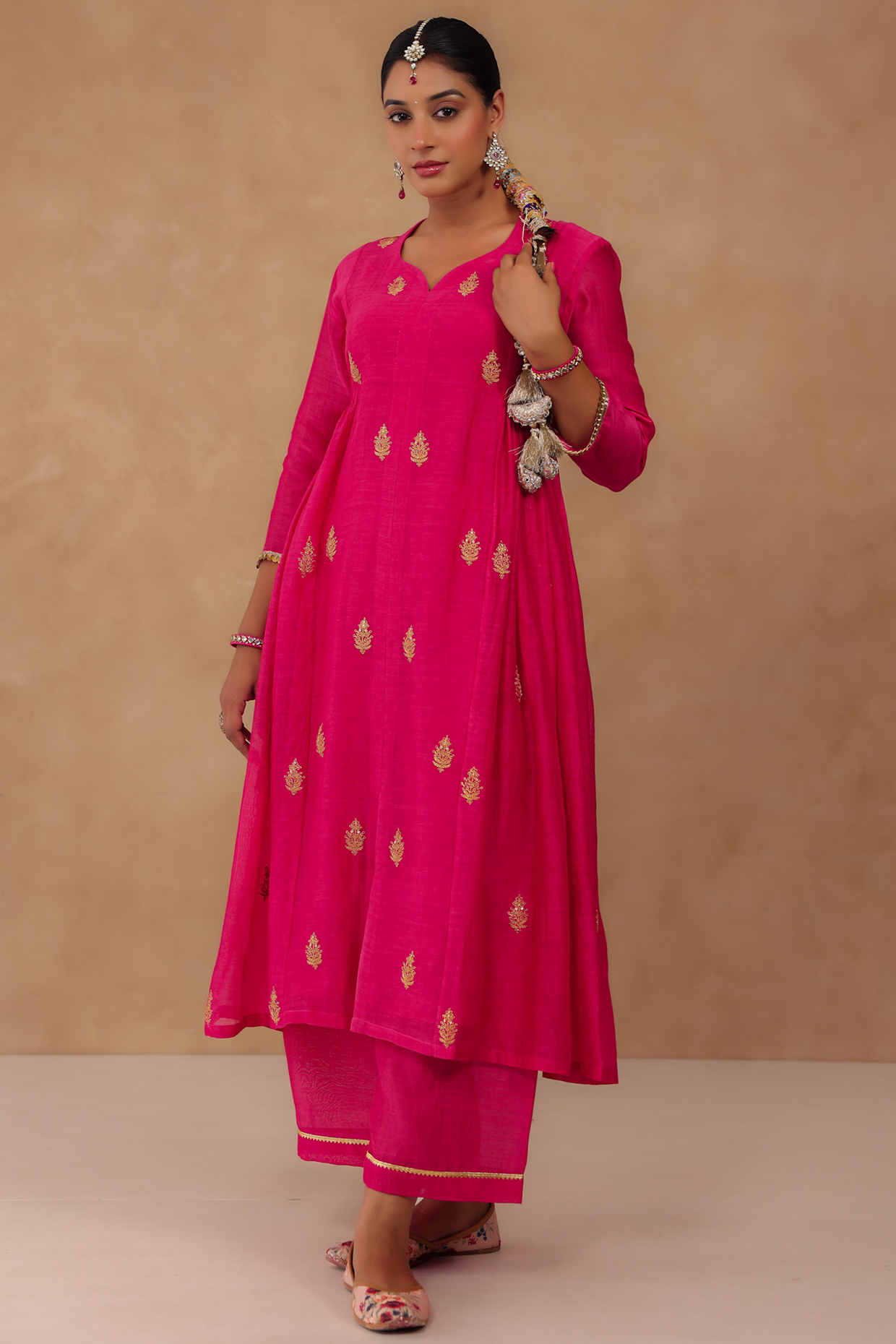 Rani Pink Mul Chanderi Hand Embroidered Gathered Kurta Set by Charu Makkar at Pernia's Pop Up Shop