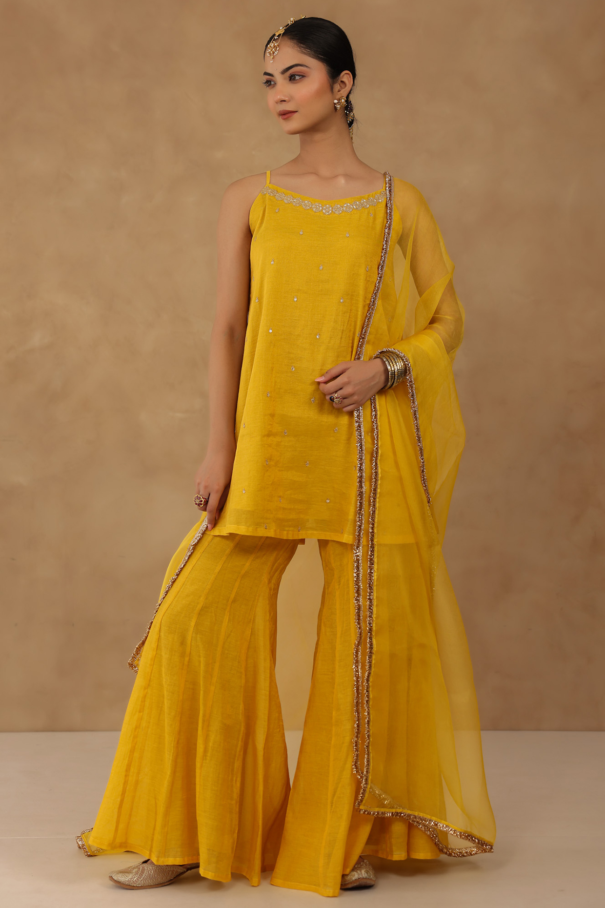 Mustard Tissue Chanderi Party Wear Sharara Set by Charu Makkar at Pernia's Pop Up Shop