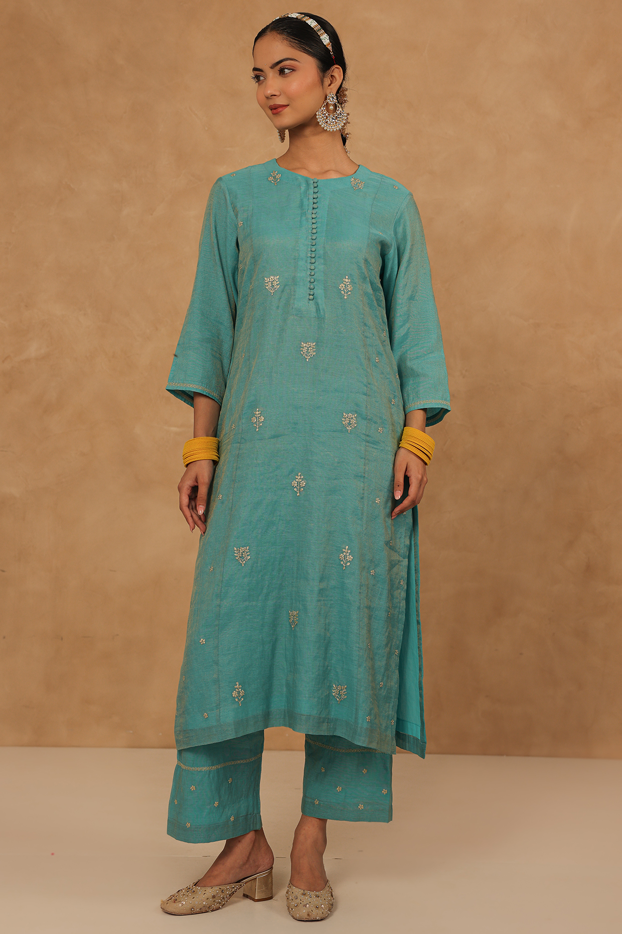 Teal Tissue Chanderi Machine Embroidered Straight Kurta Set by Charu Makkar at Pernia's Pop Up Shop