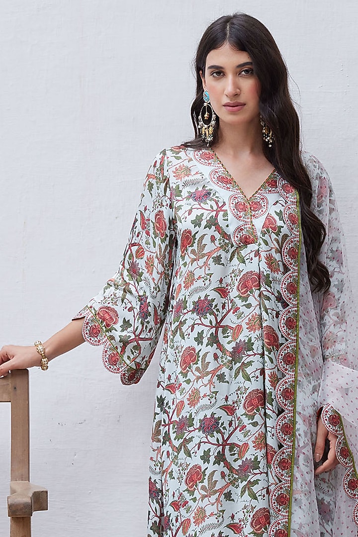 Blue Modal Satin Printed Kurta Set by Charu Makkar at Pernia's Pop Up Shop