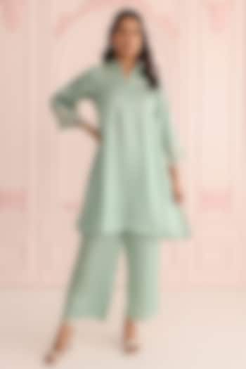 Sage Green Linen Satin Dori Embroidered Co-Ord Set by Charu Makkar at Pernia's Pop Up Shop
