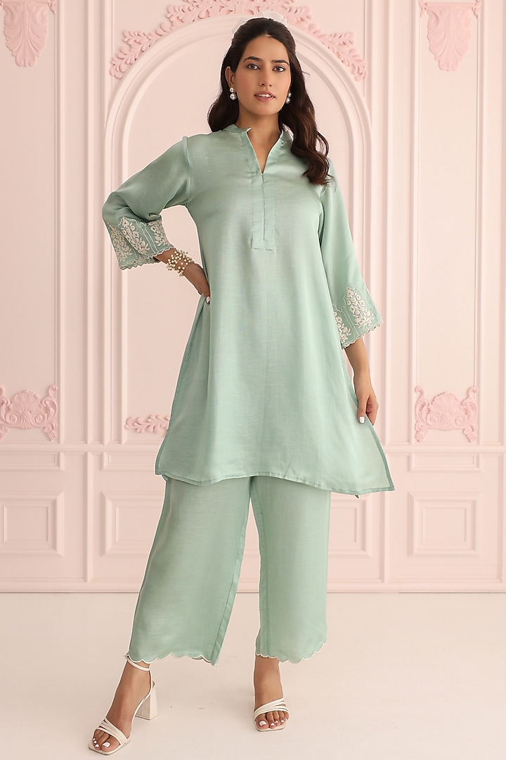 Sage Green Linen Satin Dori Embroidered Co-Ord Set by Charu Makkar at Pernia's Pop Up Shop