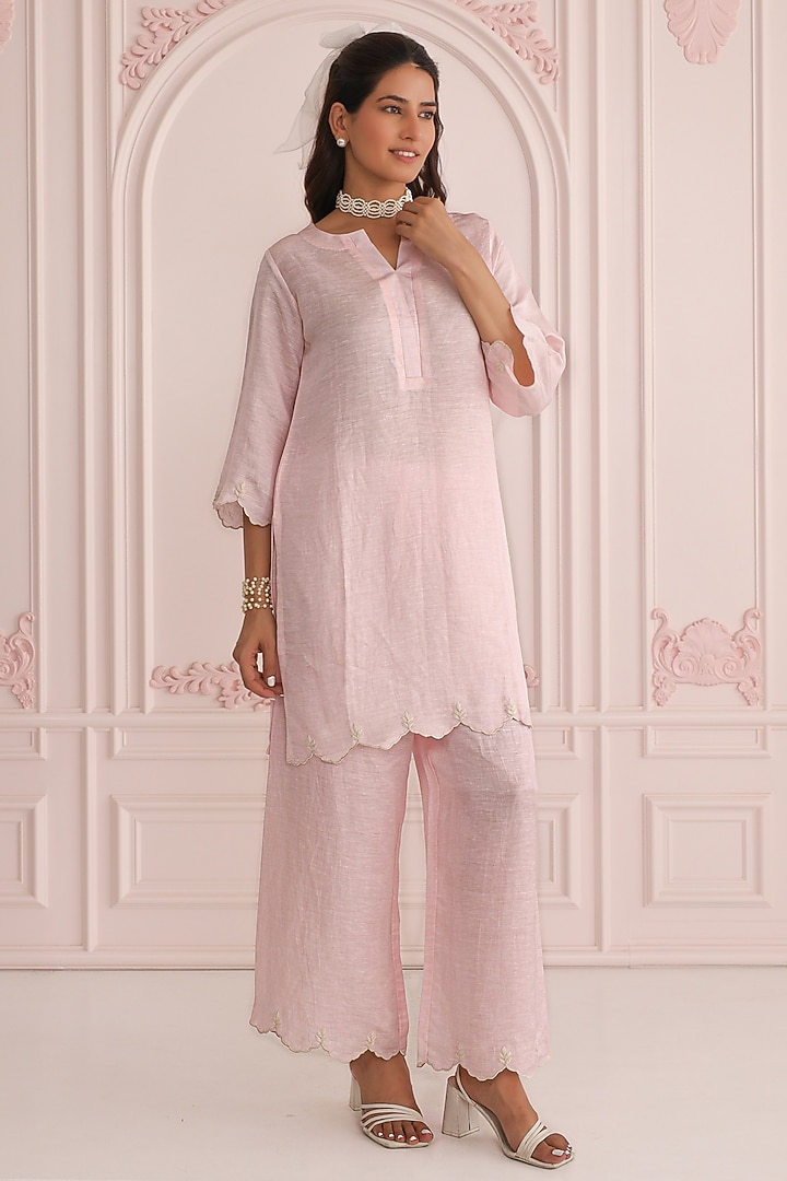 Pink Linen Satin Cutwork & Dori Embroidered Co-Ord Set by Charu Makkar at Pernia's Pop Up Shop