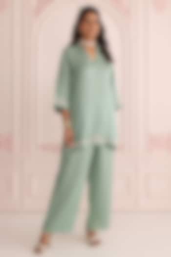 Sage Green Linen Satin Dori Embroidered Co-Ord Set by Charu Makkar at Pernia's Pop Up Shop