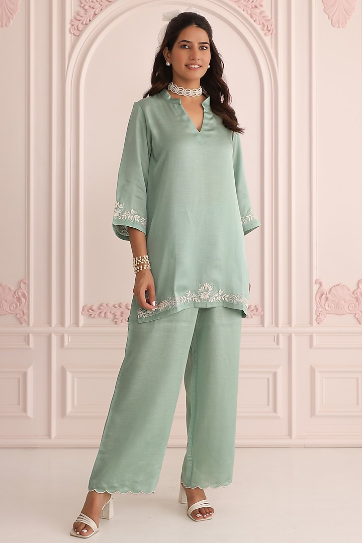 Sage Green Linen Satin Dori Embroidered Co-Ord Set by Charu Makkar at Pernia's Pop Up Shop