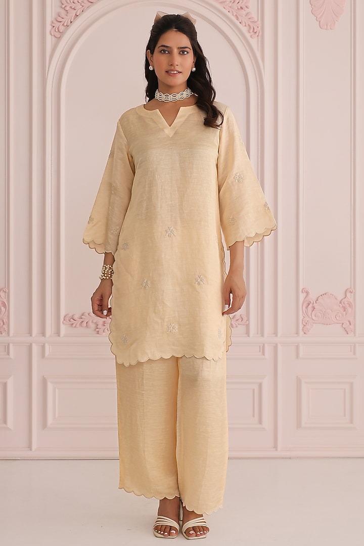 Pastel Yellow Linen Satin Dori Embroidered Co-Ord Set by Charu Makkar at Pernia's Pop Up Shop