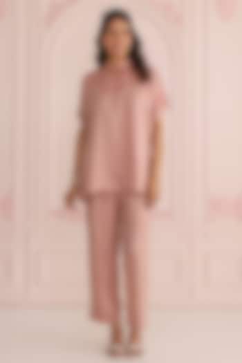 Salmon Pink Linen Satin Dori Embroidered Co-Ord Set by Charu Makkar at Pernia's Pop Up Shop