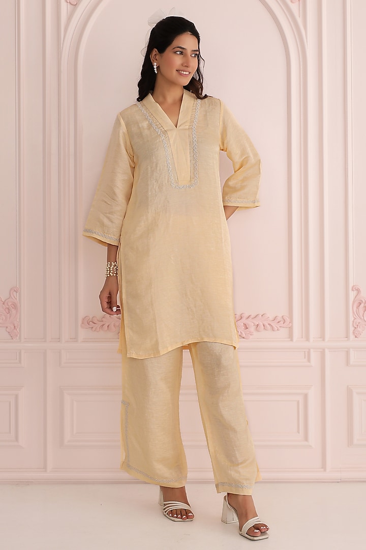 Pastel Yellow Linen Satin Dori Embroidered Co-Ord Set by Charu Makkar at Pernia's Pop Up Shop
