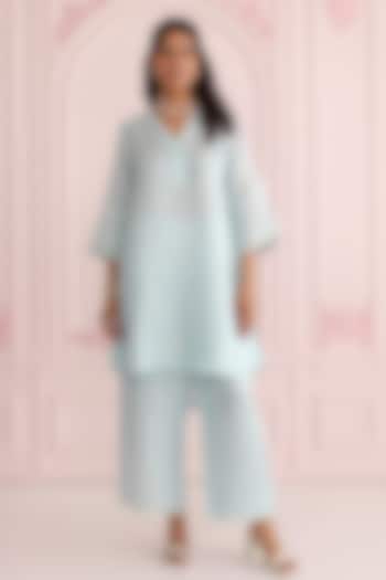Blue Linen Satin Dori Embroidered Co-Ord Set by Charu Makkar at Pernia's Pop Up Shop