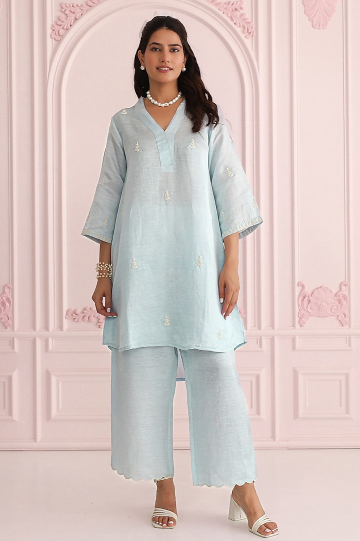 Blue Linen Satin Dori Embroidered Co-Ord Set by Charu Makkar at Pernia's Pop Up Shop
