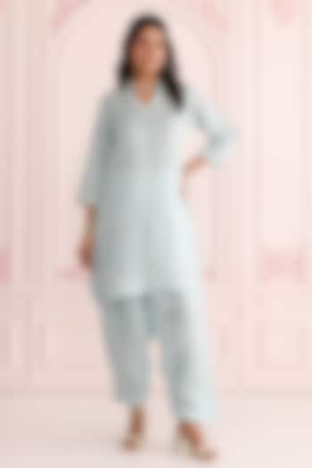Blue Linen Satin Dori Embroidered Kurta Set by Charu Makkar at Pernia's Pop Up Shop