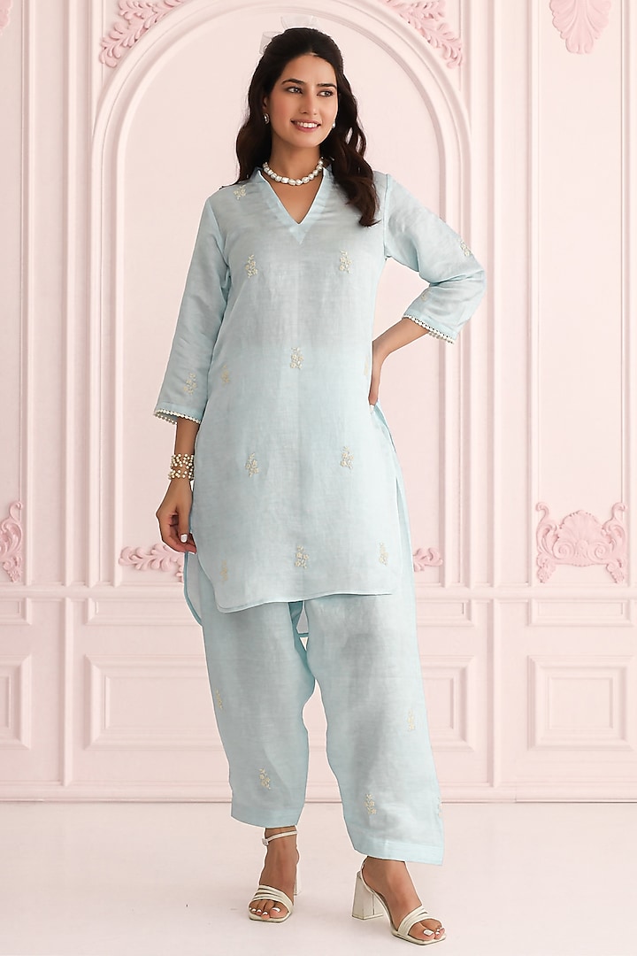 Blue Linen Satin Dori Embroidered Kurta Set by Charu Makkar at Pernia's Pop Up Shop