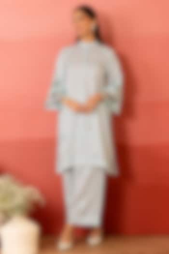 Blue Linen Satin Resham Embroidered Co-Ord Set by Charu Makkar at Pernia's Pop Up Shop
