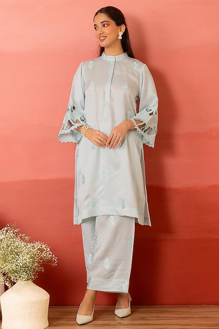 Blue Linen Satin Resham Embroidered Co-Ord Set by Charu Makkar at Pernia's Pop Up Shop