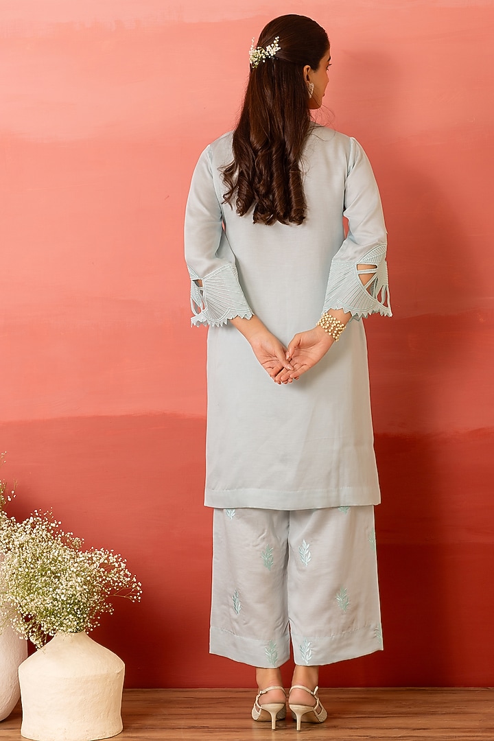 Blue Linen Satin Resham Embroidered Co-Ord Set by Charu Makkar at Pernia's Pop Up Shop