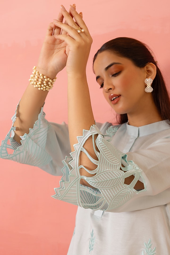 Blue Linen Satin Resham Embroidered Co-Ord Set by Charu Makkar at Pernia's Pop Up Shop