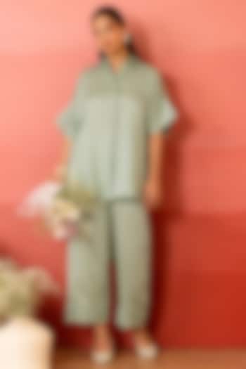 Sage Green Linen Satin Resham Embroidered Co-Ord Set by Charu Makkar at Pernia's Pop Up Shop