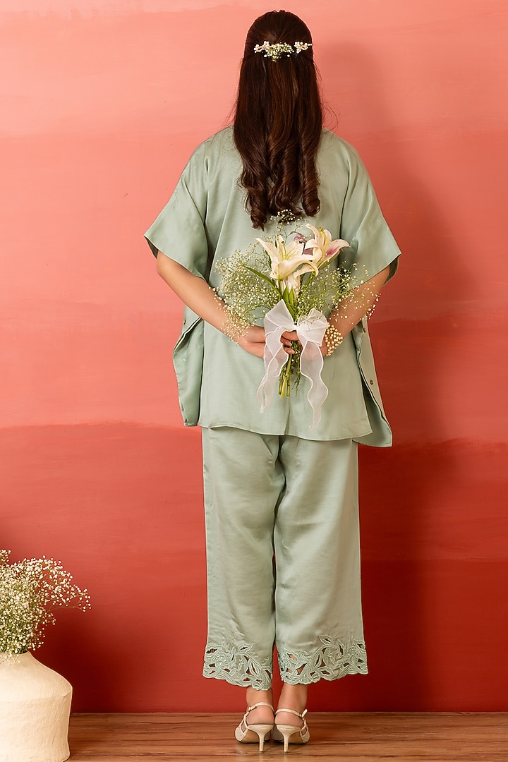 Sage Green Linen Satin Resham Embroidered Co-Ord Set by Charu Makkar at Pernia's Pop Up Shop