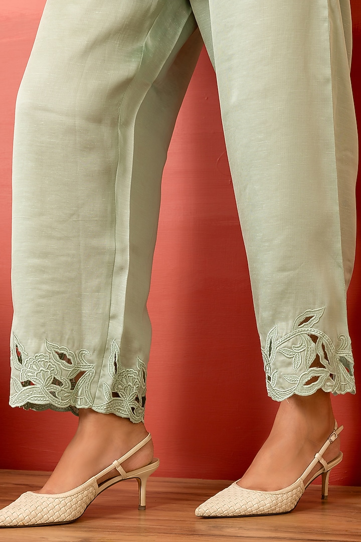 Sage Green Linen Satin Resham Embroidered Co-Ord Set by Charu Makkar at Pernia's Pop Up Shop