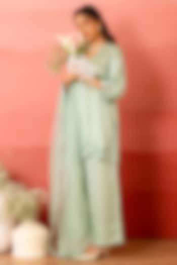 Sage Green Linen Satin Resham Embroidered Kurta Set by Charu Makkar at Pernia's Pop Up Shop