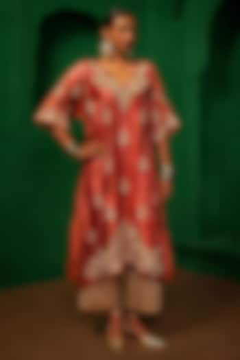 Old Rose Italian Silk Organza Zardosi Embroidered Kaftan Set by Charu Makkar at Pernia's Pop Up Shop